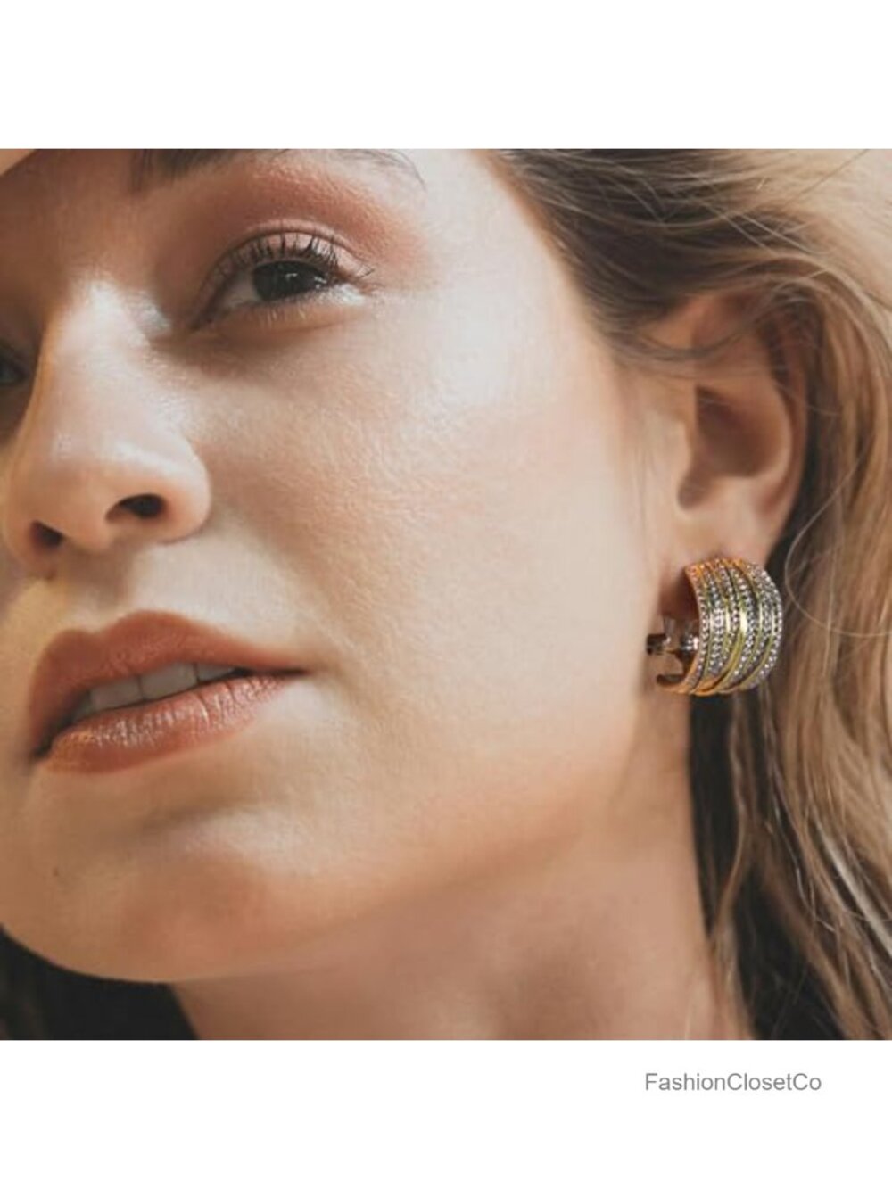 Two Tone Gold and Silver Plated Crossover Half Hoop Earrings - Picture 2 of 6
